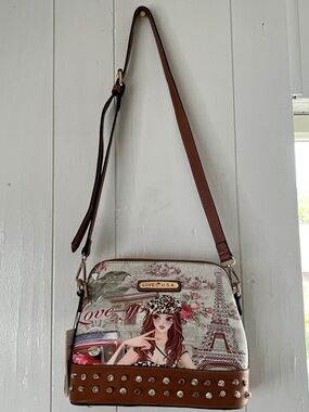 Floral Paris Illustration Brown Crossbody Bag